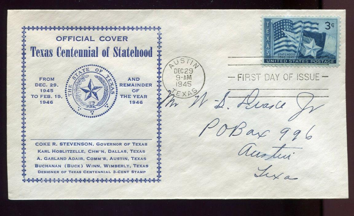 #938 3c Texas Statehood FDC Mellone #14 1st Texas Centennial Commission  FD6576