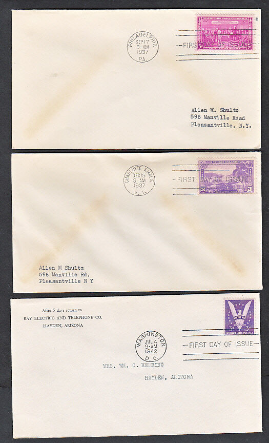 FIVE ADDRESSED FIRST DAY COVERS + DUPE US #798/1802 WITHOUT CACHETS CV $47.25