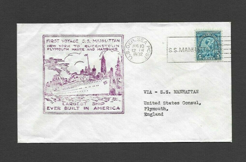 U.S. 1932 FIRST VOYAGE S.S. MANHATTAN COVER, SEA POST TO U.S. CONSUL IN ENGLAND
