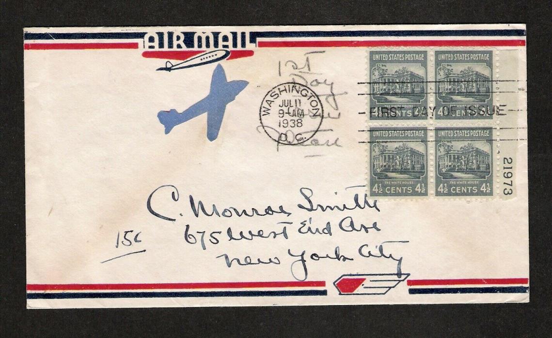 U.S. 1938 PREXIE # 809, FOUR & ONE HALF CENT ISSUE, PLATE BLOCK FIRST DAY COVER