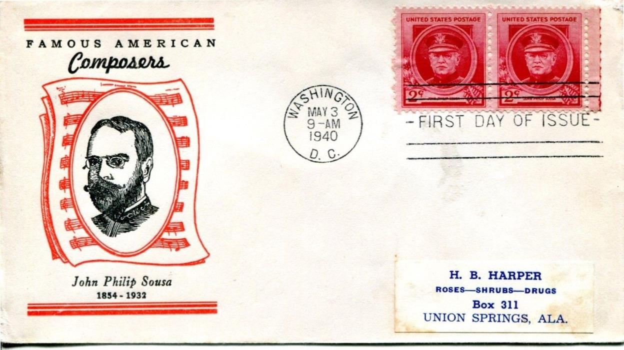 1940 FAMOUS AMERICANS JOHN PHILIP SOUSA LINPRINT CACHET LABEL ADDRESSED FDC