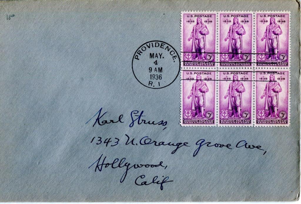 1936 COMMEMORATIVE RHODE ISLAND STATEHOOD 300th ANIV 3 CENTS BK 6 NO CACHET FDC