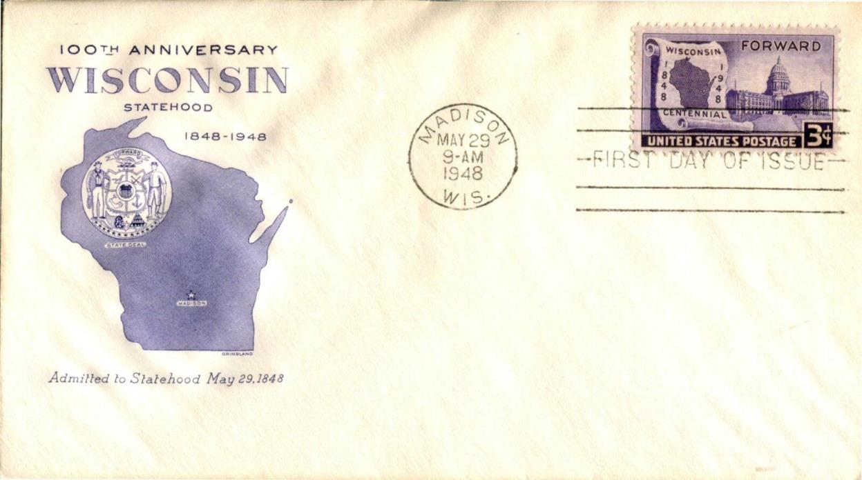 1948 COMMEMORATIVE WISCONSIN STATEHOOD CENTENNIAL GRIMSLAND CACHET UNADDR FDC