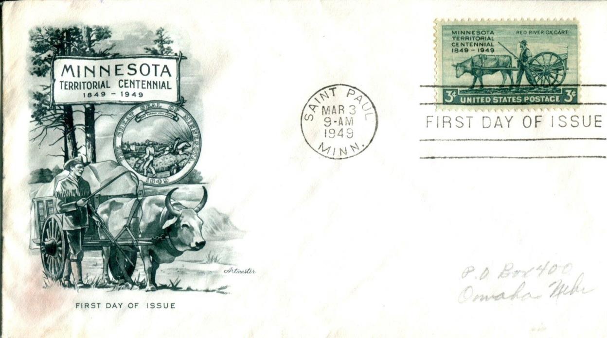 1949 COMMEMORATIVE MINNESOTA TERRITOY CENTENNIAL ARTMASTER CACHET HAND ADDR FDC