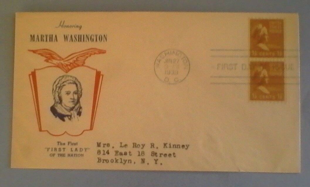 First day of issue, 1939 Honoring Martha Washington, tied pair, # 805