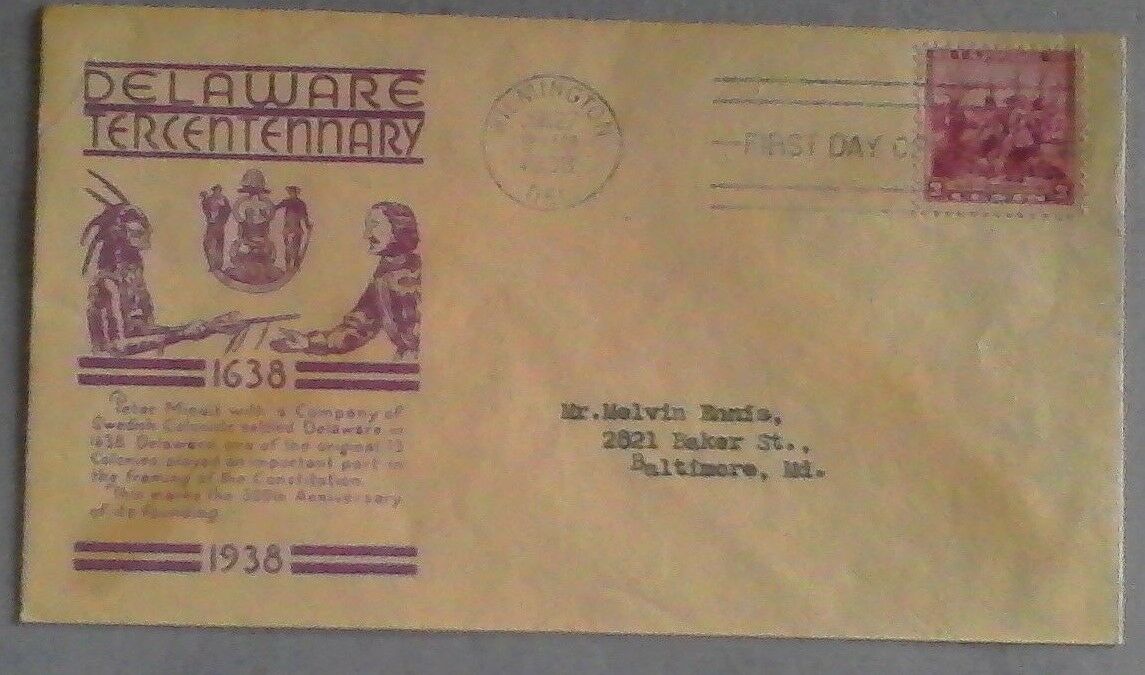 First day of issue, 1938 Delaware Tercentennary, Scott #  836