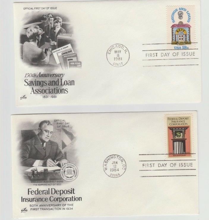 US First Day Covers 2 Banking Covers Philatelist Stamps FDIC Saving & Loans