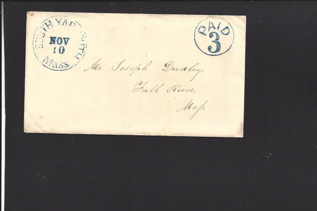 SOUTH YARMOUTH, MASSACHUSETTS, COVER,STAMPLESS LADIES COVER BLUE CDS & PAID 3