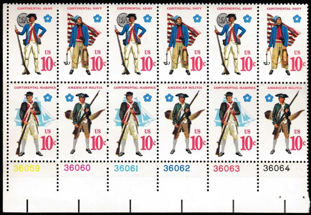 Scott Stamp # 1565-1568a,  (10c) AMERICAN BICENT. MILITARY UNIFORMS, Block of 12