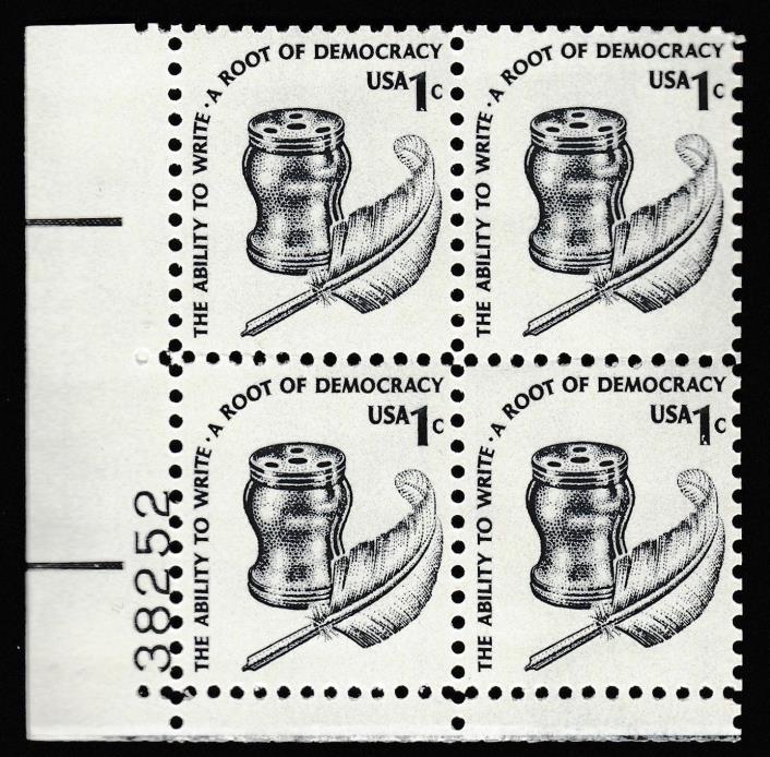 Scott Stamp # 1581,    (1c)     INKWELL & QUILL,     Plate Block of 4
