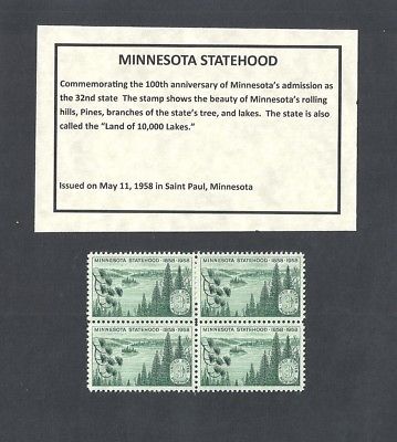 1106 - Minnesota Statehood - US Block of 4 with Informational Card