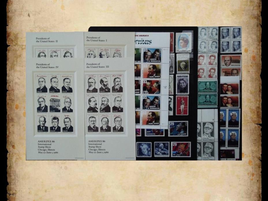 US Postage Stamps Face Value $42 + Unused Lot #66 Sheets Blocks Famous People