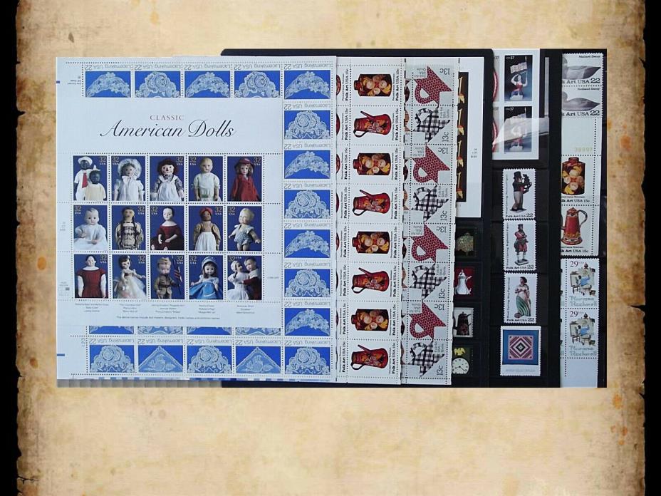 US Postage Stamps Face Value $42 + Unused Lot #75 Sheets Blocks Folk Art