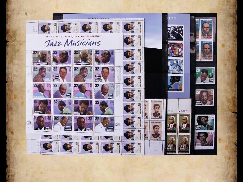 US Postage Stamps Face Value $42 + Unused Lot #53 Sheets Blocks Black Heritage