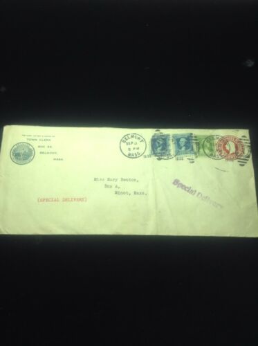 VINTAGE STAMPED ENVELOPE SPECIAL DELIVERY 1932 BELMONT MINOT MASSACHUSETTS