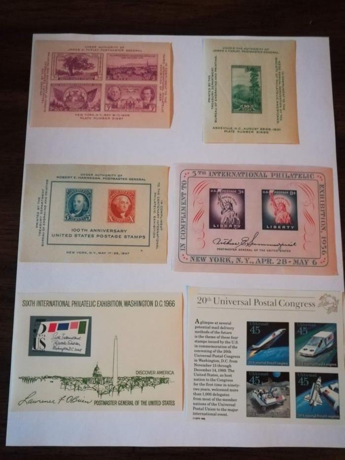 US Scott # 778, 797, 948, 1075, 1311, C126 Souvenir Sheets postage STAMPS Mint