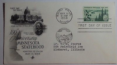 1958 FIRST DAY OF ISSUE FOR 100TH ANNIVERSARY OF MINNESOTA STATEHOOD #1106
