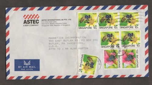 Singapore #454 & 456 Bee Stamps Cover,  Singapore To Butler, PA 1988