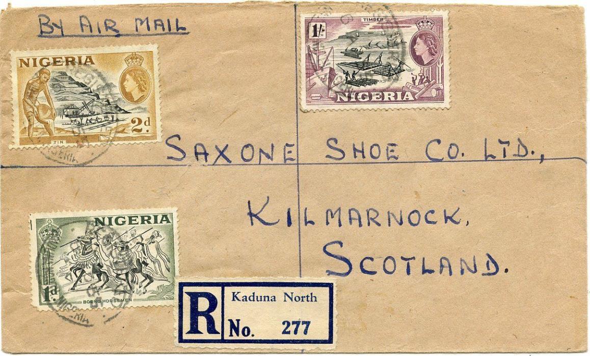 Nigeria 1955 Reg. Air Cover to Scotland w/1d, 2d(x3) & 1sh, KADUNA NORTH Reg.d/s