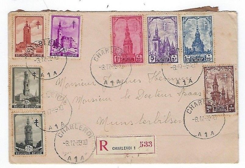 1939 Charleroi Belgium, Registered to Munsterbilzen, Eight Stamps #B256-B263