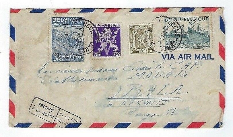 Uccle Belgium Airmail to Belgian Congo, Four Stamps & PAX LABEL