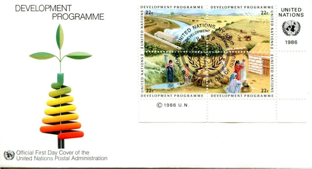 1986 UNITED NATIONS DEVELOPMENT PROGRAM SET-ANT BLOCK OF 4 OFFICAL CACHET UA FDC
