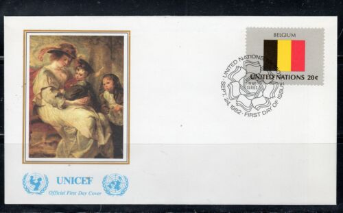 1982 BELGIUM  UNITED NATIONS OFFICIAL FLAG UNICEF COVER UNSEALED FDC LOT 4847