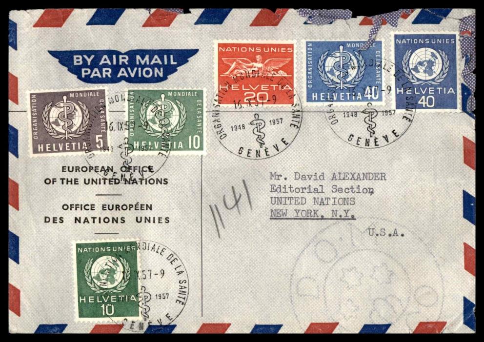 UNITED NATIONS SWITZERLAND GENEVE SEPTEMBER 16 1957 AIR MAIL AD TO NEW YORK USA