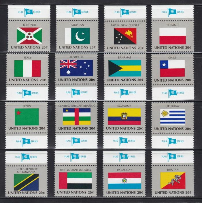 UNITED NATIONS 1984 FLAG STAMPS MINT COMPLETE SET OF 16 W/Tabs