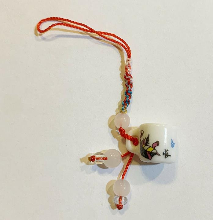 Red String Strap Charm for Cell Phone, Handfan in design of Porcelain Teacup
