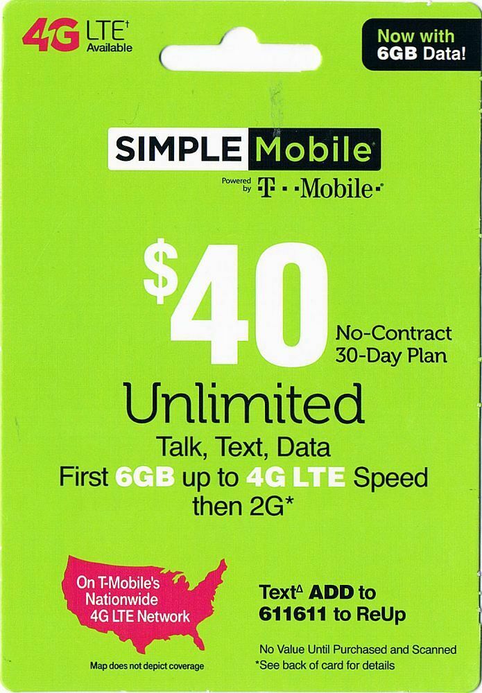 SIMPLE MOBILE $40 PREPAID PHONE CARD 30-DAY PLAN UNLIMITED TALK TEXT 6GB 4G LTE!