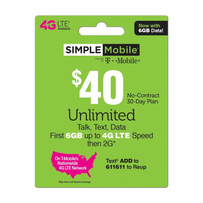 Simple Mobile $40/Month Unlimited Talk/Text/Data Plan Refill – SEND PIN only