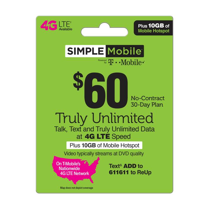 Simple Mobile $60 TRULY UNLIMITED 4G LTE** Data, Talk & Text 30 Day Plan w 10GB