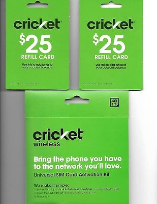 $25  Cricket Wireless  Refill Card (2)   plus  Universal SIM Card Activation Kit