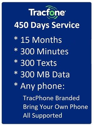 TracFone 1+ Year 450 days 300 Mins/300 Texts/300 MB Data,TracFone Branded & BYOP