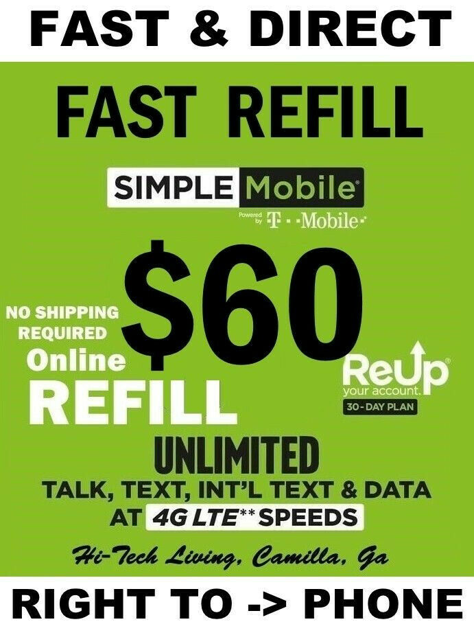 $60 SIMPLE MOBILE FAST REFILL DIRECT to PHONE ?? GET IT TODAY! ?? TRUSTED SELLER