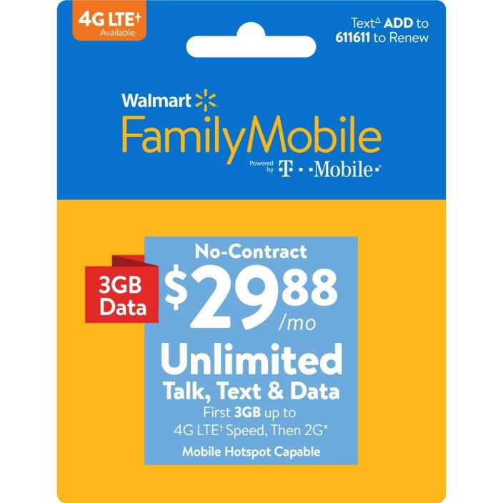 Walmart Family Mobile $29.88 Unlimited Monthly Plan (3GB at high speed, then 2G*