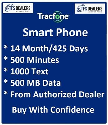 TracFone 1+ Year 425 days Service 500 Mins/1000 Text/500 MB Data for SmartPhone