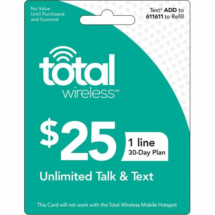 TOTAL WIRELESS Unlimited Talk Text $25 Refill Recharge Prepaid Card No Contract