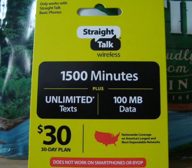 Straight Talk $30 Card Phone 1500 Talking Minutes. Unlimited Texts & 100 MB Data