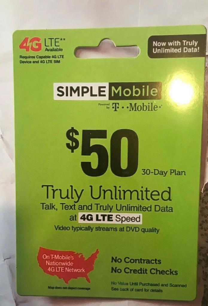 SIMPLE Mobile - $50  30-day Plan. Talk, Text and Truly Unlimited Data.  4G LTE