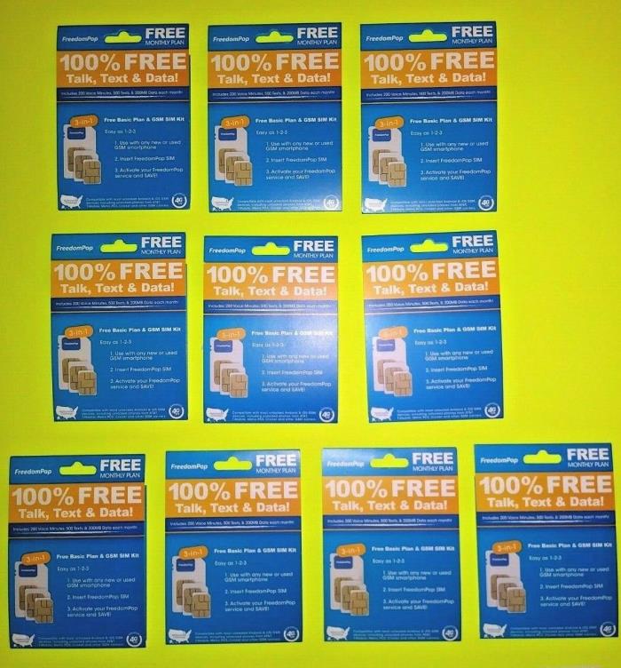 QTY 10 LOT FreedomPop Free Basic 200 Plan GSM 4G LTE 3-in-1 SIM Cards $50 Retail