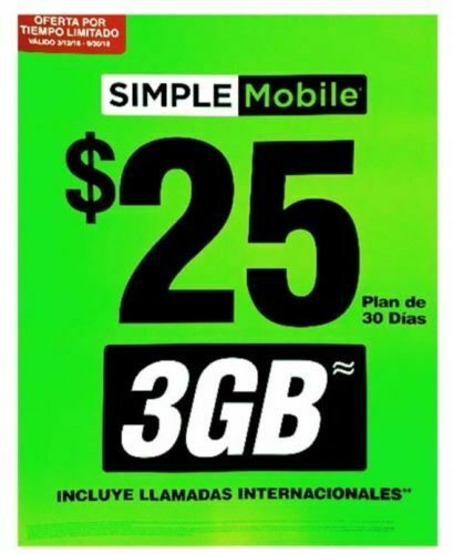 Simple Mobile Preloaded Sim $25 Plan Unlimited Talk,text 3GB High Speed 3 23