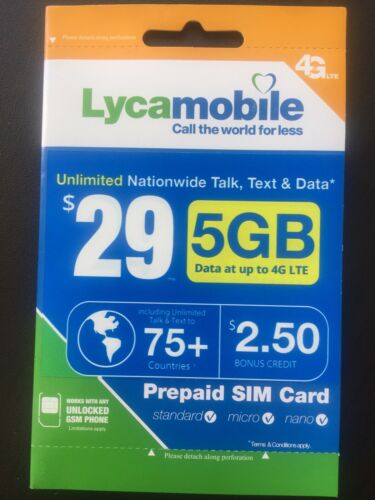 LYCAMOBILE Preloaded Sim Card $29/Unlimited Text/Talk/3G,2G Data/5GB 4G LTE Data