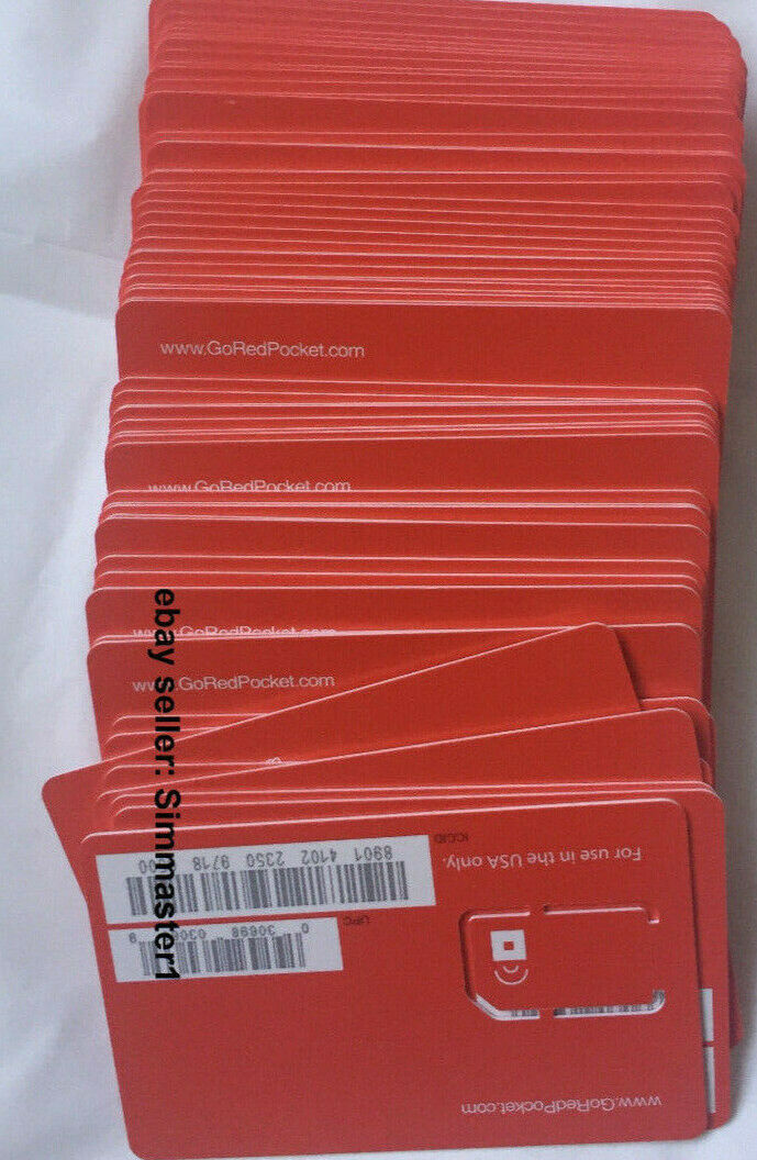 Lot of 100x Red pocket Wireless Standard Sim Cards Prepaid, port out New Bulk