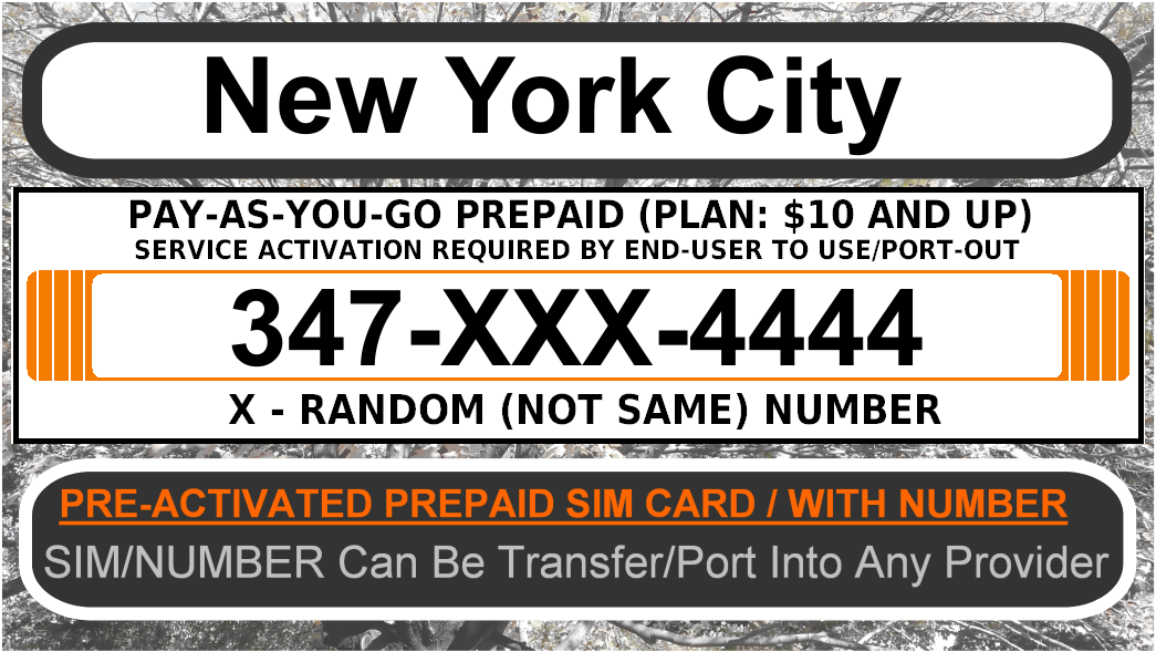 PRE ACTIVATED PREPAID SIM CARD / 347 AREA CODE / NEW YORK NUMBER END 4444