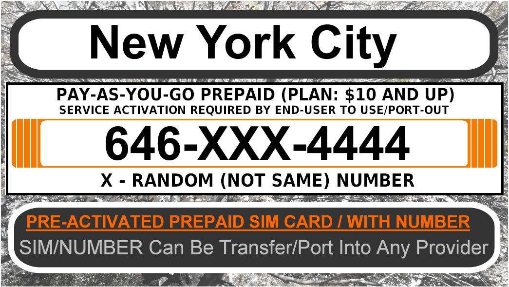 PRE ACTIVATED PREPAID SIM CARD / 646 AREA CODE / NEW YORK NUMBER END 4444
