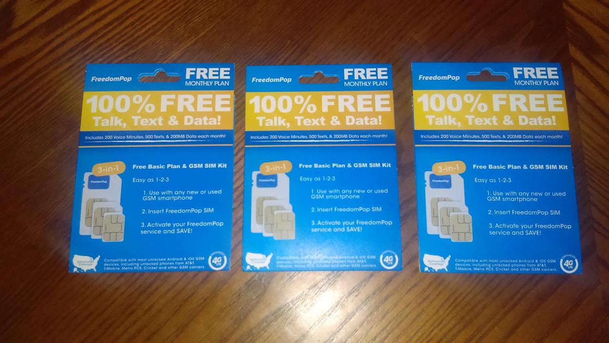 Lot of 3 FreedomPop - Free Basic 200 Plan GSM 4G LTE 3-in-1 SIM Card Family Pack