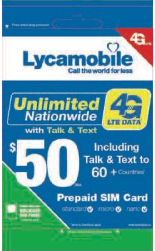 Lycamobile $50 Plan for 4 Months UNLIMITED 4G DATA Call and Text to 75 Countries