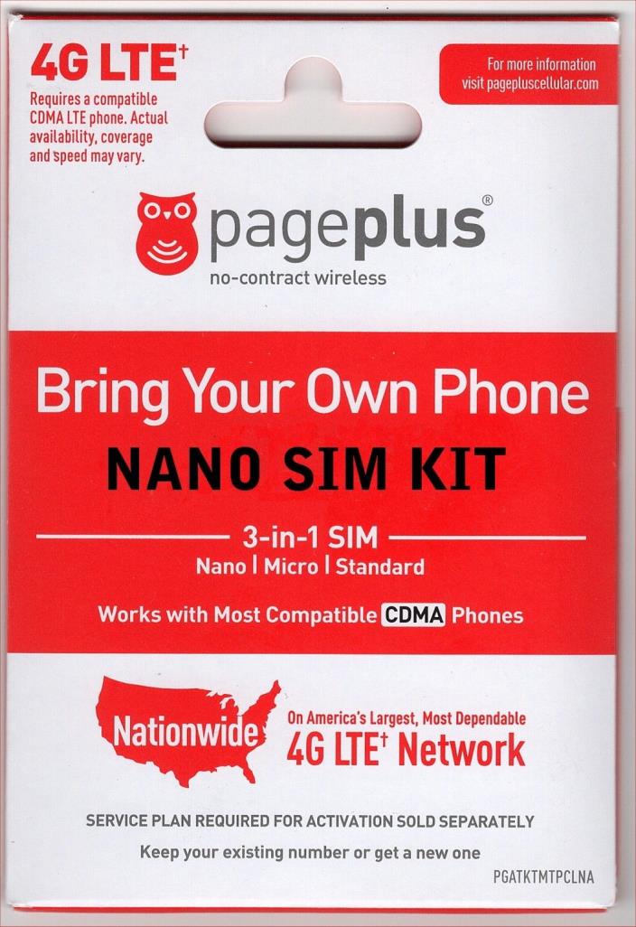 Page Plus 4G LTE Nano Sim Card iPhone 5, 5c, 5s, SE, 6, 6+, 6s, 6s+ 7, & 7+ NEW
